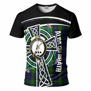 Gunn Tartan Crest T-Shirt Scottish Thistle Celtic Cross Alba Gu Brath
