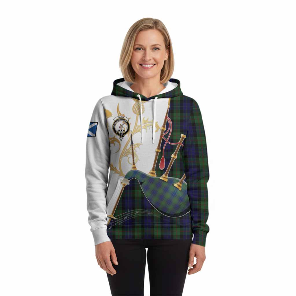 Gunn Tartan Family Crest Hoodie Bagpipes with Scottish Thistle