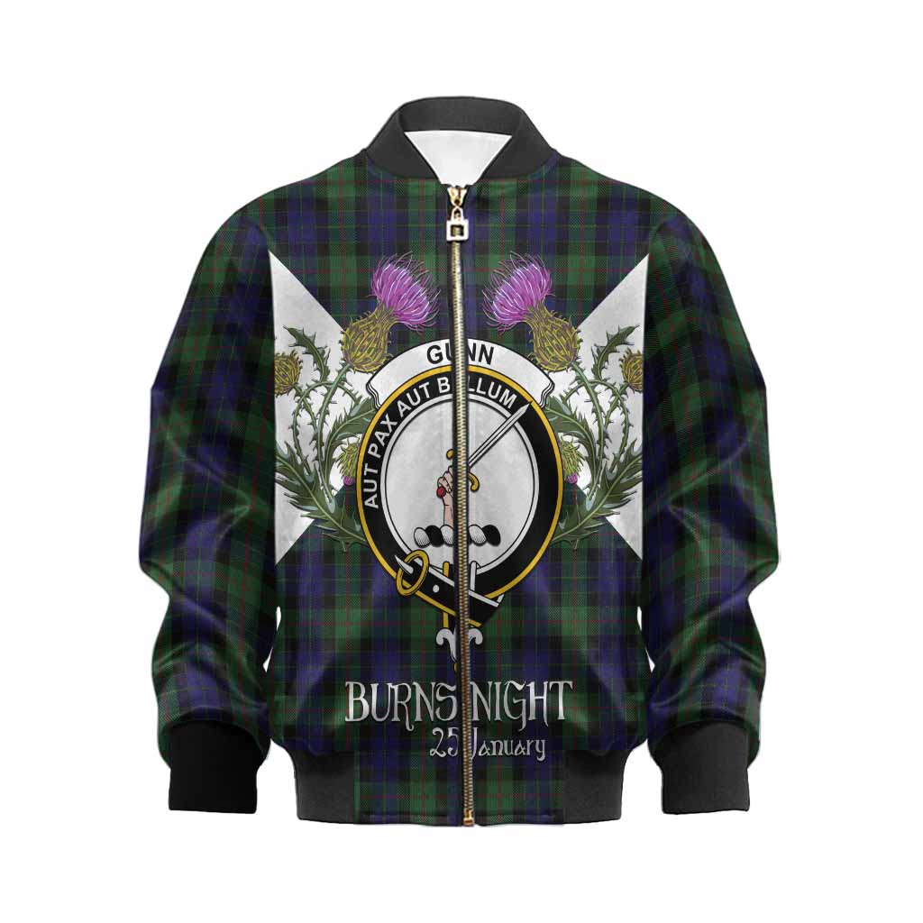 Gunn Tartan Family Crest Kid Bomber Jacket Scottish Burns Night Thistle Floral