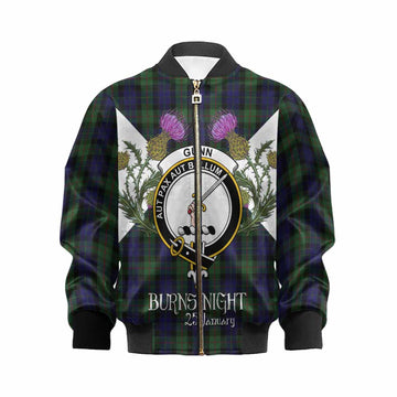 Gunn Tartan Family Crest Kid Bomber Jacket Scottish Burns Night Thistle Floral