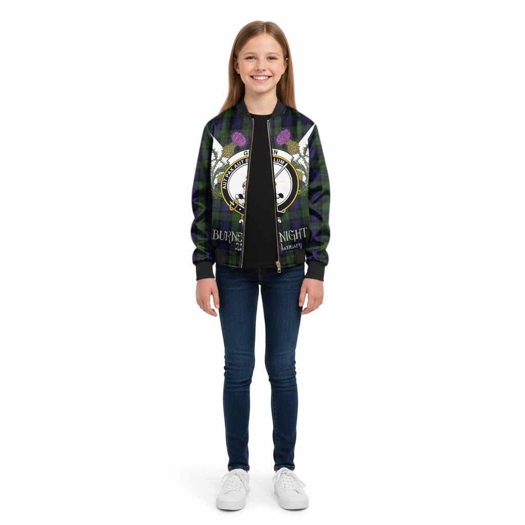 Gunn Tartan Family Crest Kid Bomber Jacket Scottish Burns Night Thistle Floral