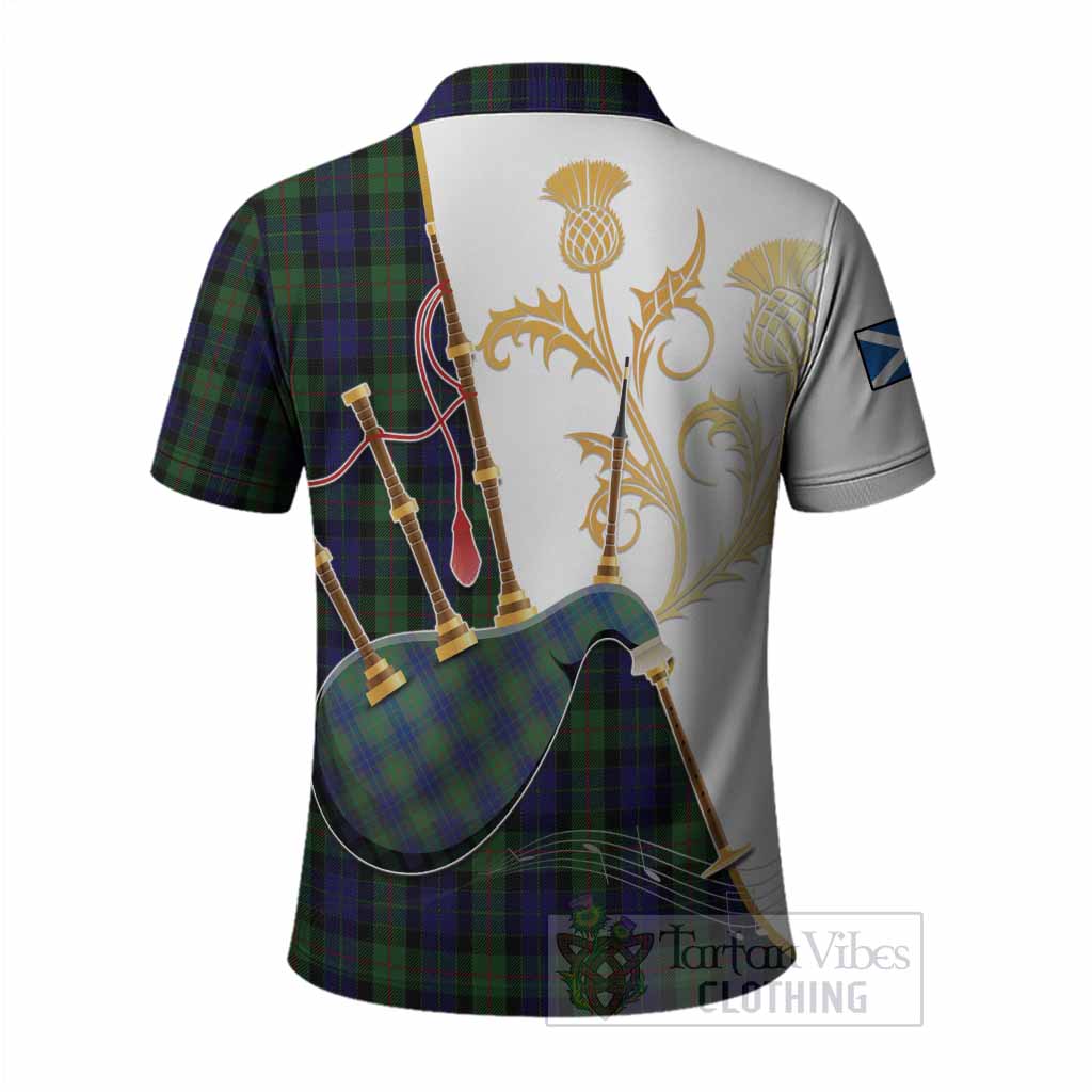 Gunn Tartan Family Crest Polo Shirt Bagpipes with Scottish Thistle