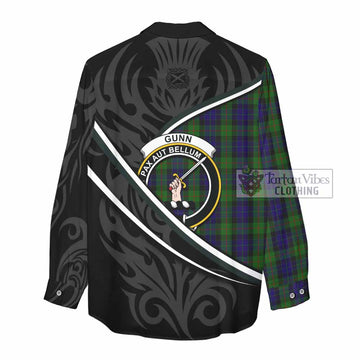 Gunn Tartan Family Crest Women Casual Shirt Celtic Scottish Thistle Floral