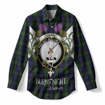 Gunn Tartan Family Crest Women Casual Shirt Scottish Burns Night Thistle Floral