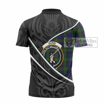Gunn Tartan Family Crest Zipper Polo Shirt Celtic Scottish Thistle Floral