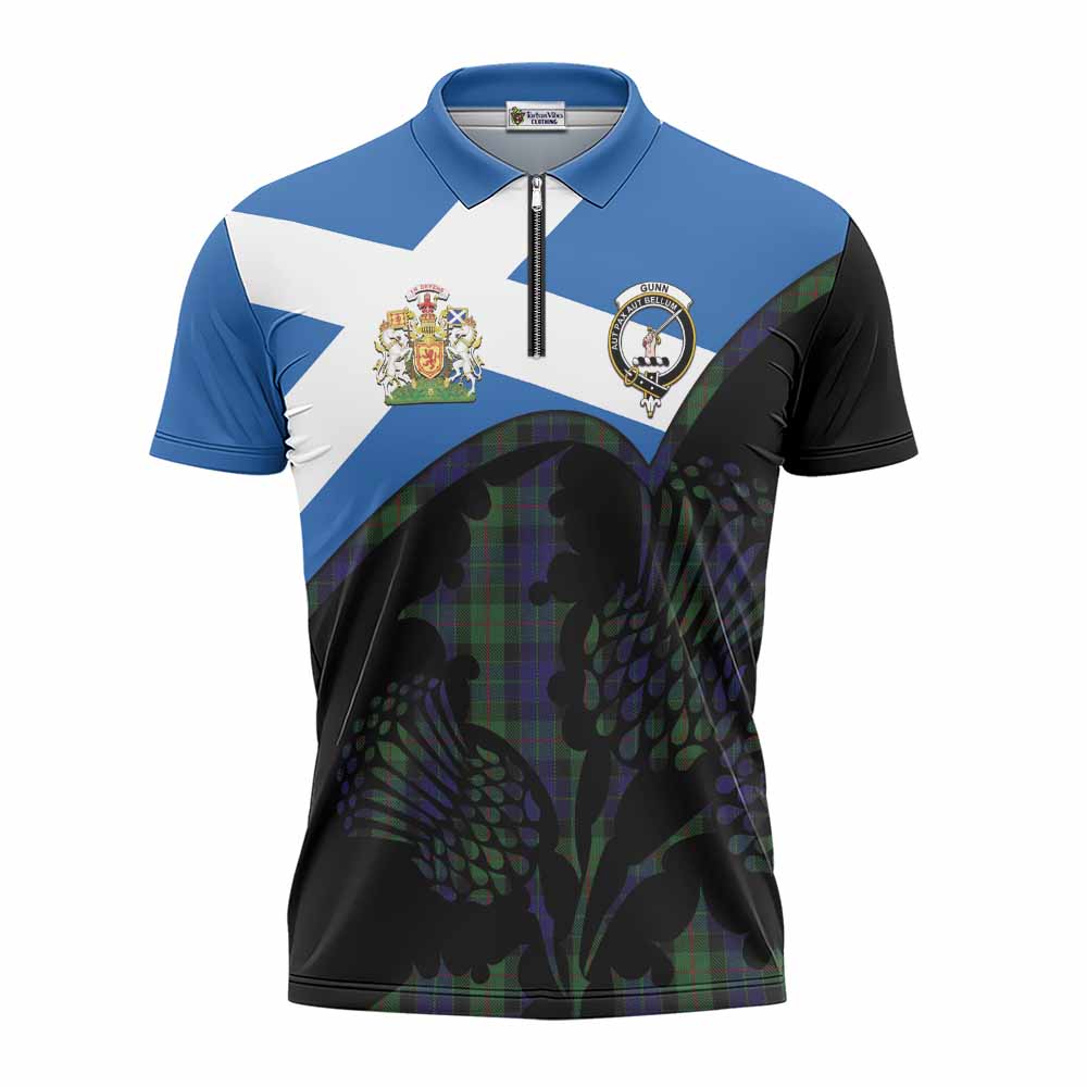Gunn Tartan Family Crest Zipper Polo Shirt Scotland Thistle Floral Flag Style