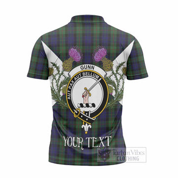 Gunn Tartan Family Crest Zipper Polo Shirt Scottish Burns Night Thistle Floral