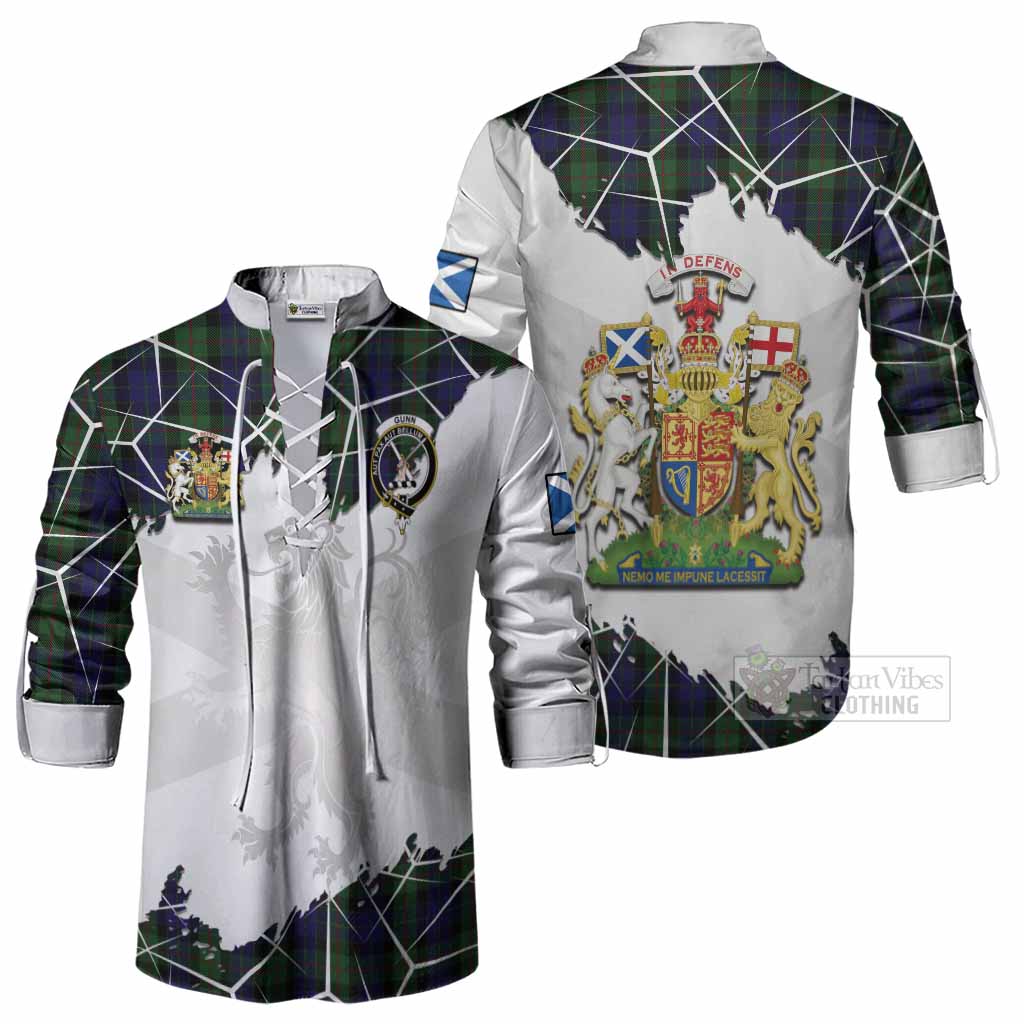 Gunn Tartan Ghillie Shirt with Family Crest and Lion Rampant Grunge Style