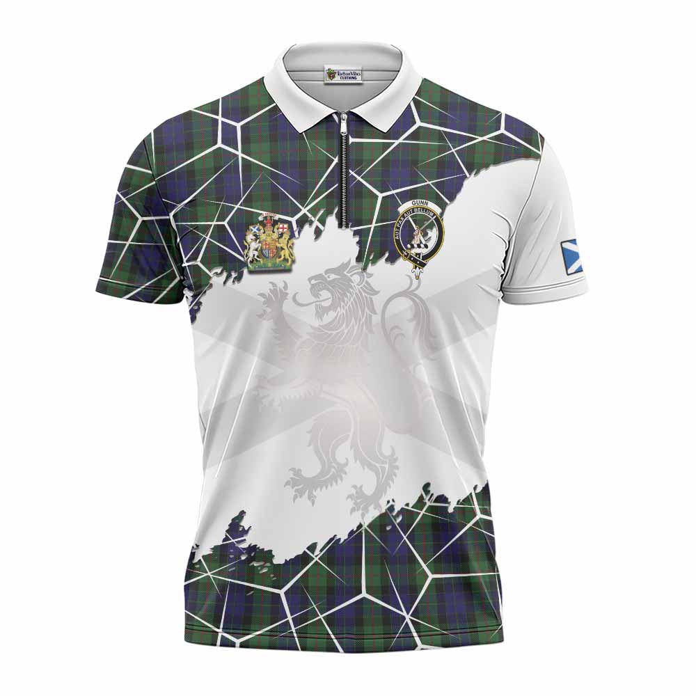 Gunn Tartan Zipper Polo Shirt with Family Crest and Lion Rampant Grunge Style
