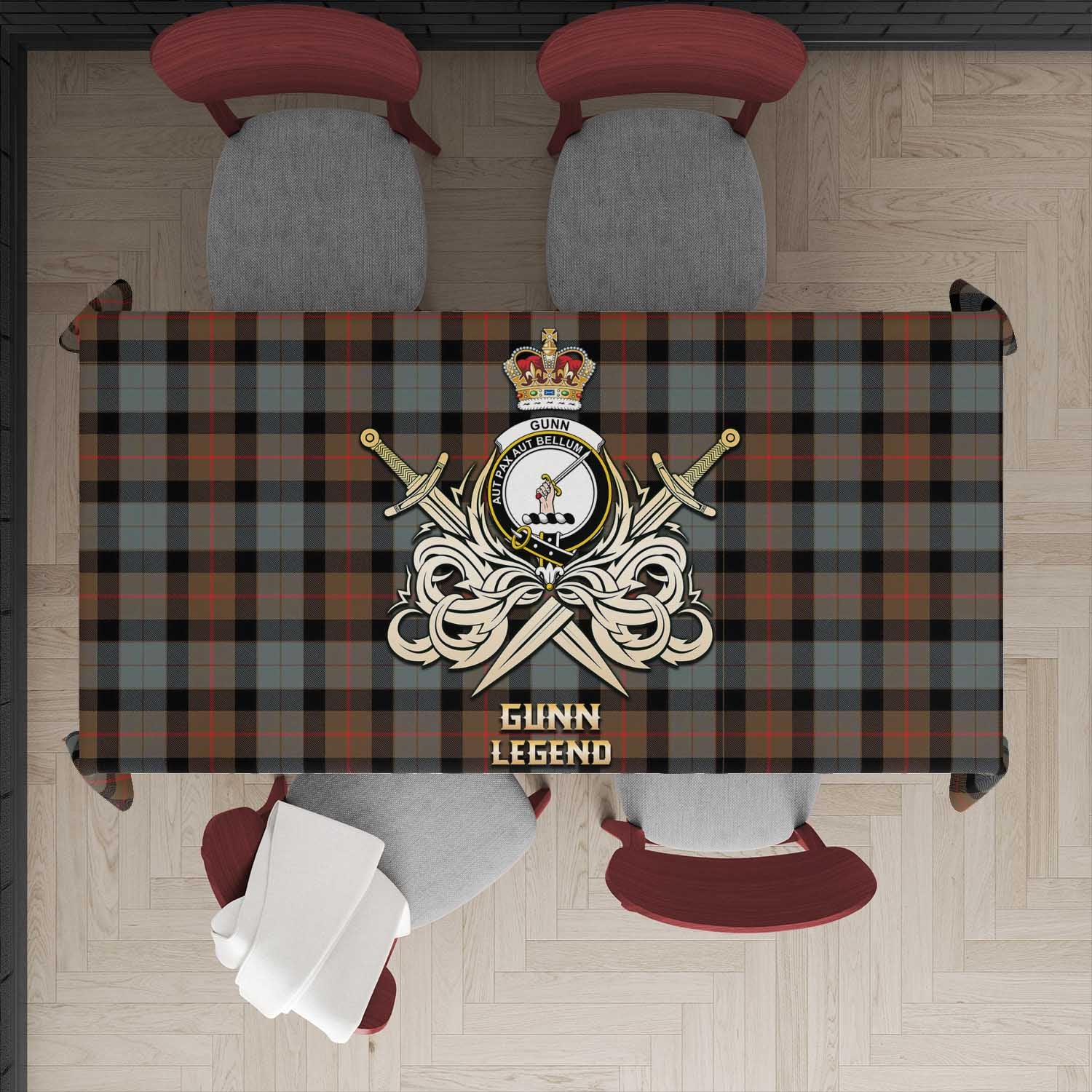 Tartan Vibes Clothing Gunn Weathered Tartan Tablecloth with Clan Crest and the Golden Sword of Courageous Legacy