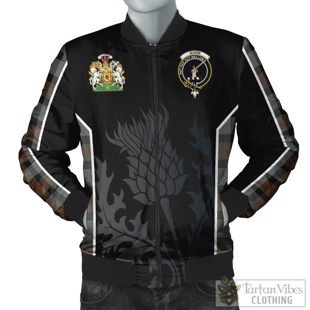 Tartan Vibes Clothing Gunn Weathered Tartan Bomber Jacket with Family Crest and Scottish Thistle Vibes Sport Style