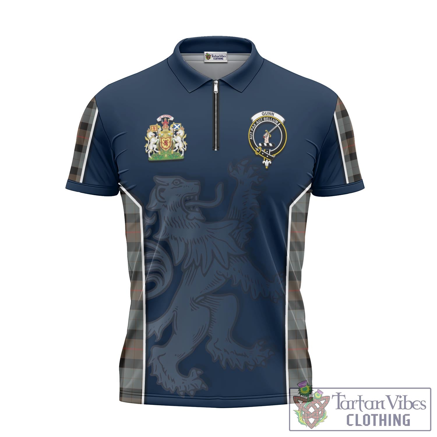 Tartan Vibes Clothing Gunn Weathered Tartan Zipper Polo Shirt with Family Crest and Lion Rampant Vibes Sport Style