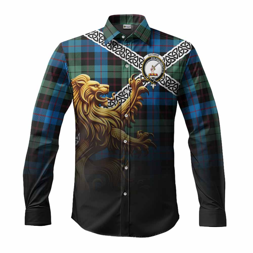 Tartan Vibes Clothing Guthrie Crest Tartan Long Sleeve Button Shirt with Golden Lion Emblem Celtic Style