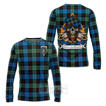 Guthrie Tartan Long Sleeve T-Shirt with Family Crest and Bearded Skull Holding Bottles of Whiskey Unisex - Tartan Vibes Clothing
