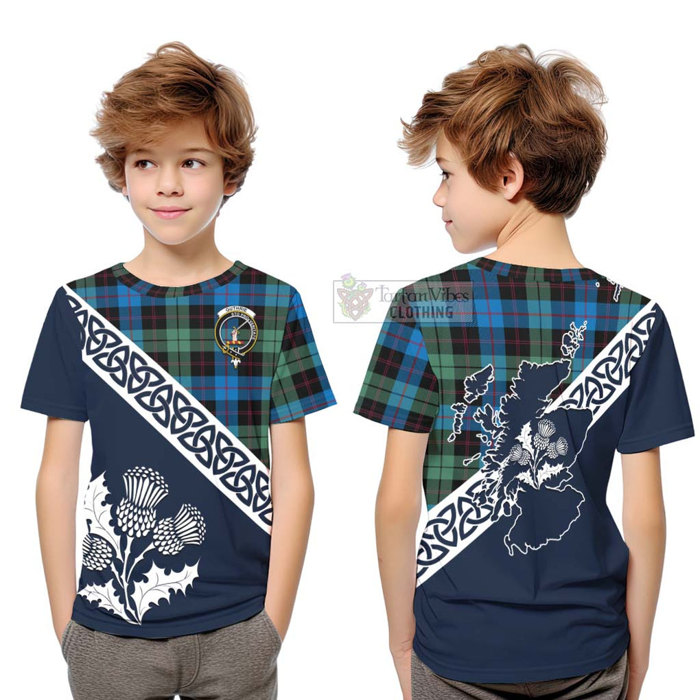 Tartan Vibes Clothing Guthrie Tartan Kid T-Shirt Featuring Thistle and Scotland Map