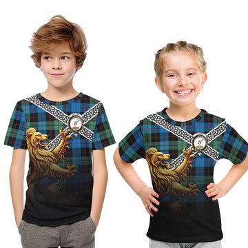 Guthrie Crest Tartan Kid T-Shirt with Golden Lion Emblem Celtic Style