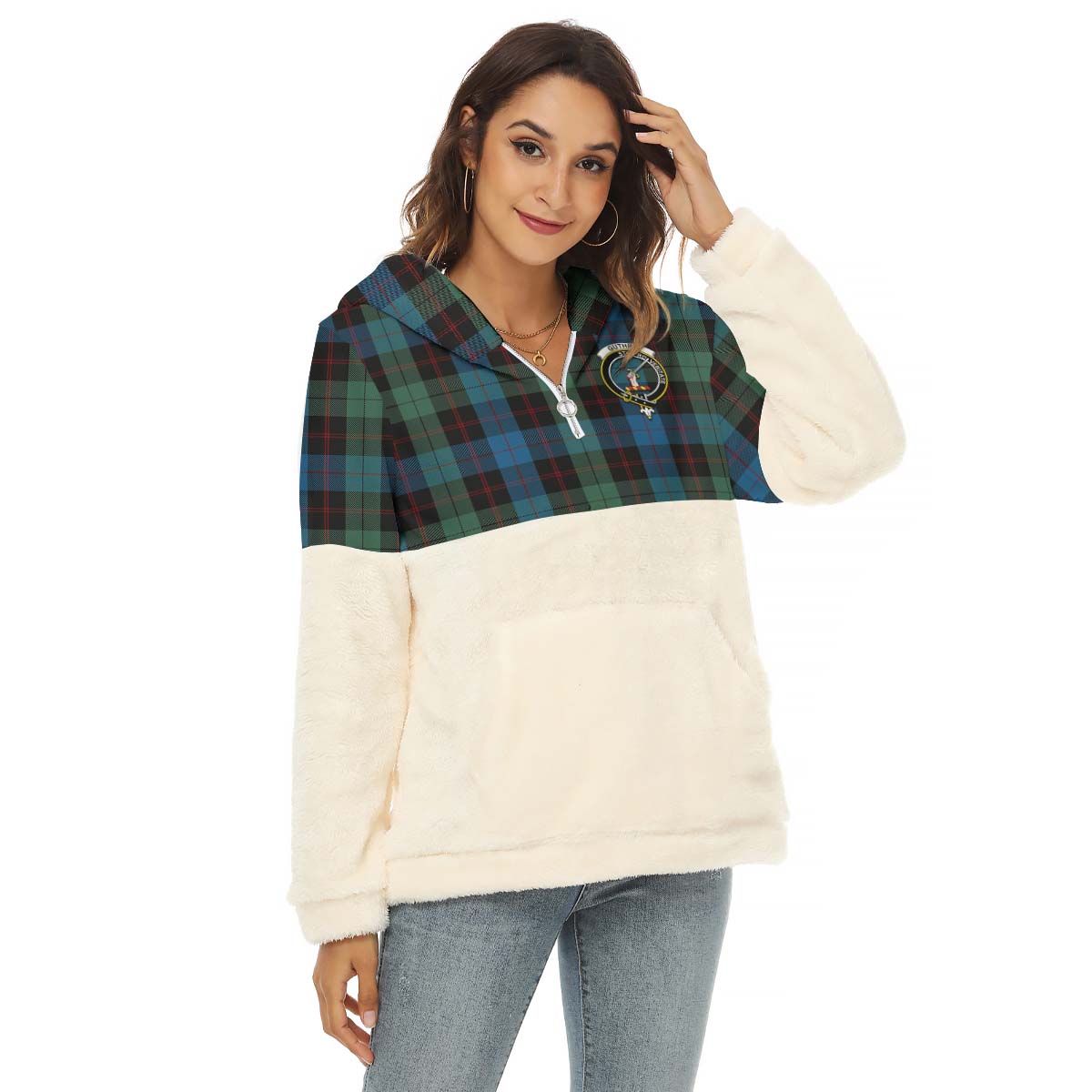 Guthrie Tartan Half Style Women's Borg Fleece Hoodie with Half Zip with Family Crest Female - Tartan Vibes Clothing
