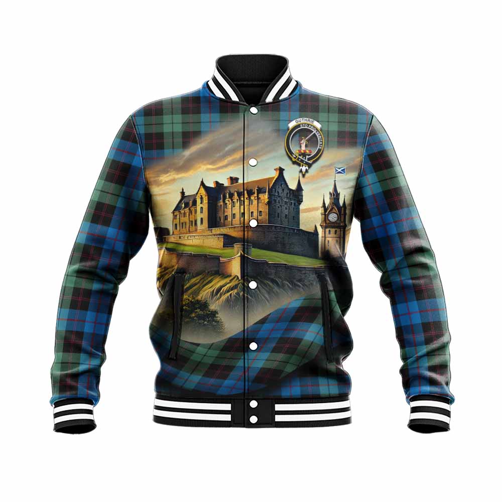Guthrie Tartan Family Crest Baseball Jacket with Scottish Ancient Castle Style Unisex - Tartan Vibes Clothing