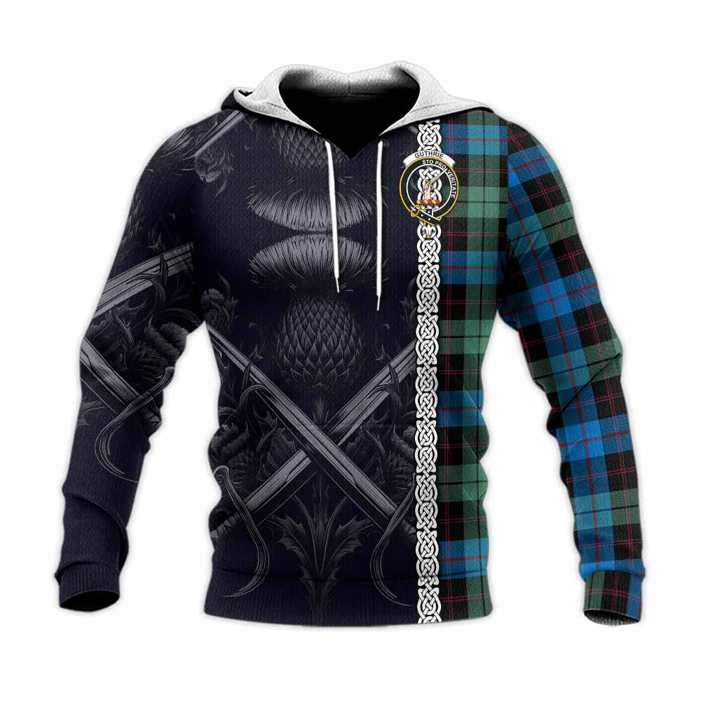 Tartan Vibes Clothing Guthrie Tartan Knitted Hoodie with Family Crest Cross Sword Thistle Celtic Vibes