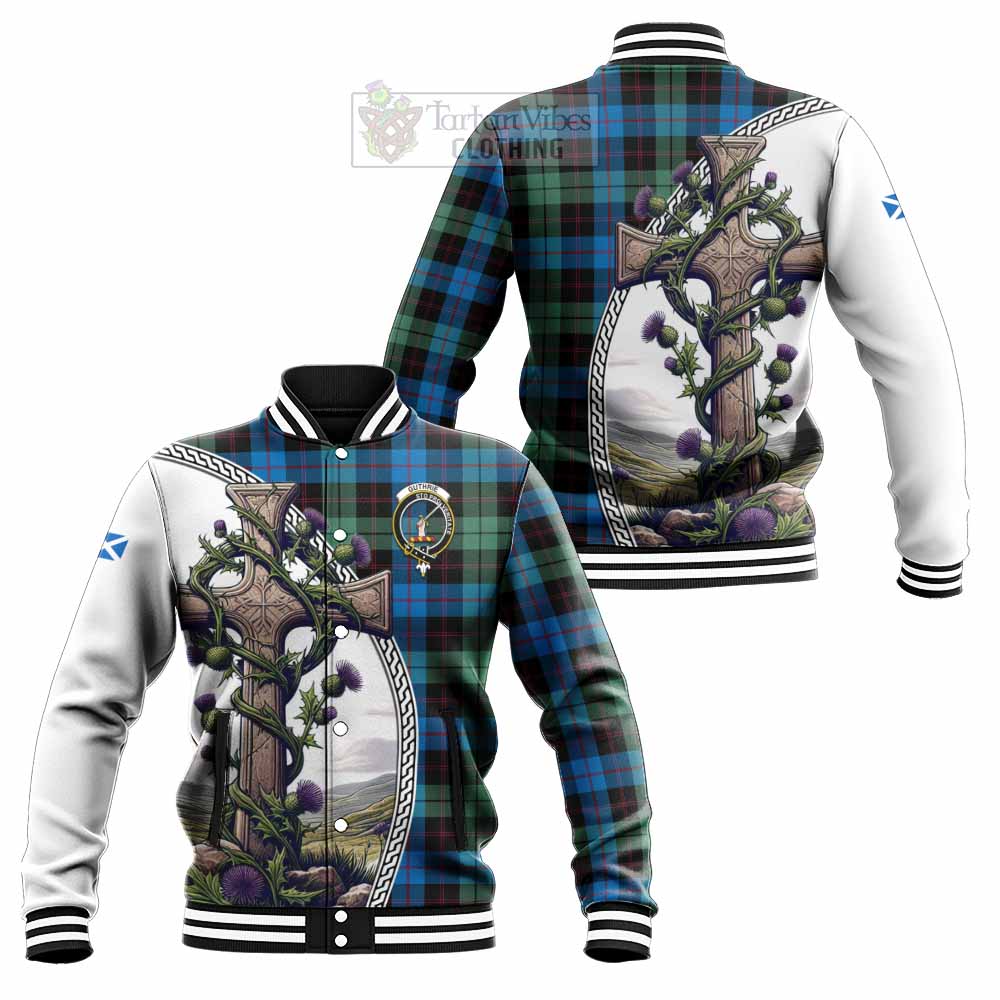 Guthrie Tartan Baseball Jacket with Family Crest and St. Andrew's Cross Accented by Thistle Vines Unisex - Tartan Vibes Clothing