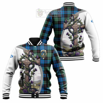 Guthrie Tartan Baseball Jacket with Family Crest and St. Andrew's Cross Accented by Thistle Vines Unisex - Tartan Vibes Clothing