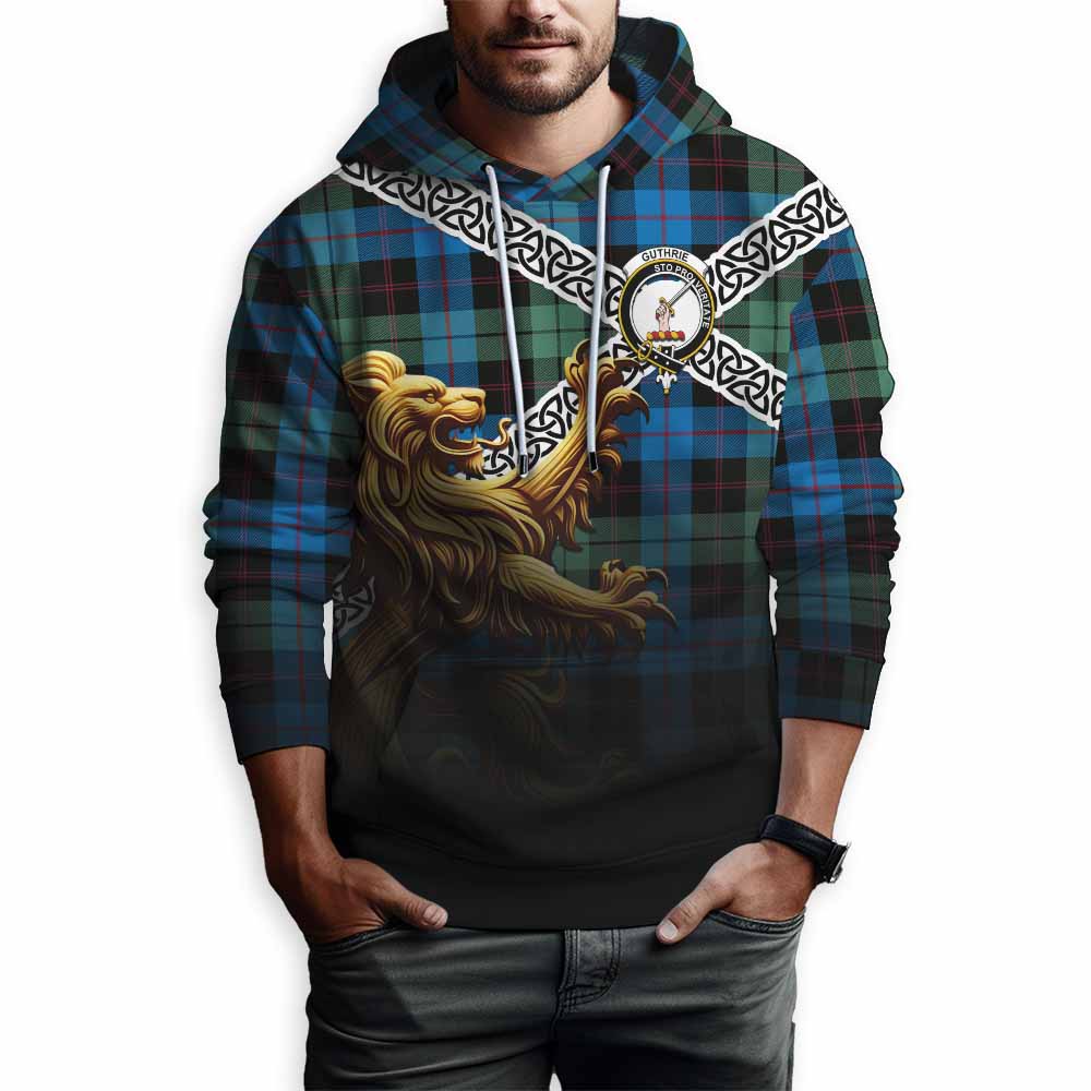 Tartan Vibes Clothing Guthrie Crest Tartan Hoodie with Golden Lion Emblem Celtic Style