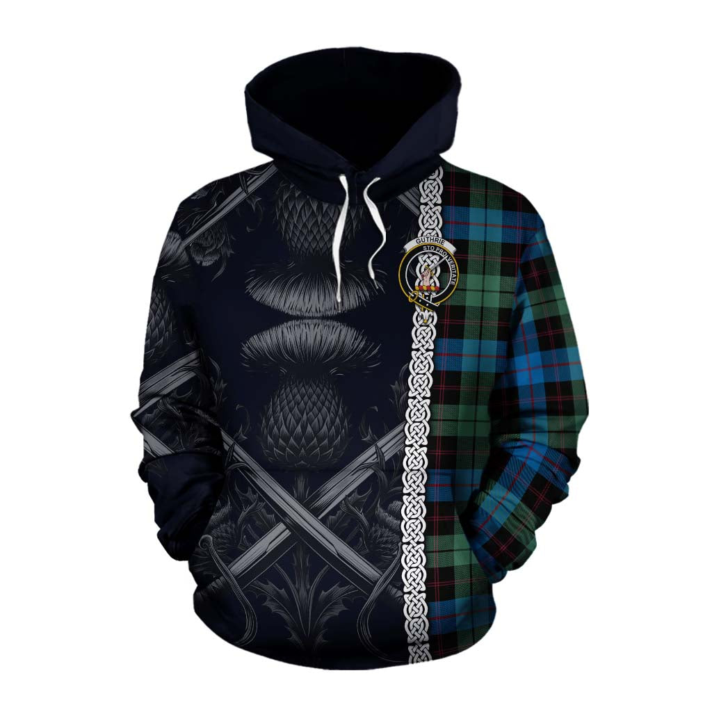 Tartan Vibes Clothing Guthrie Tartan Cotton Hoodie with Family Crest Cross Sword Thistle Celtic Vibes