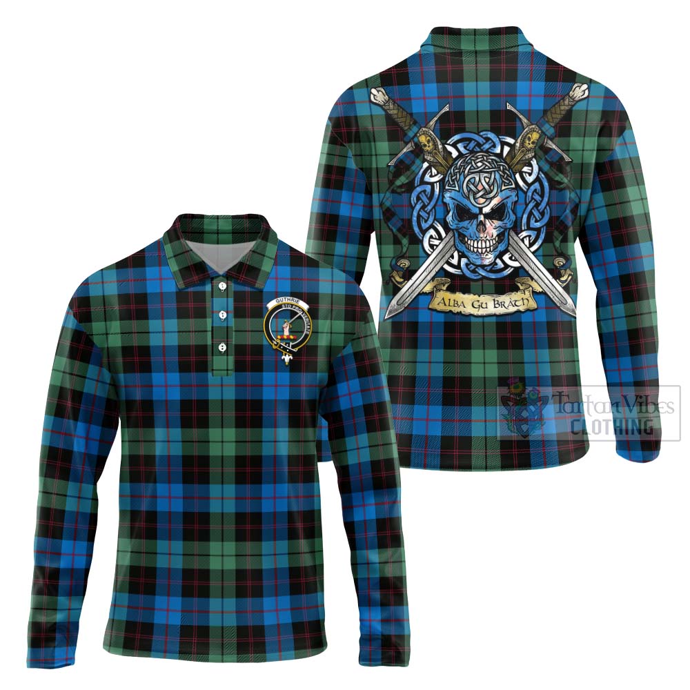 Guthrie Tartan Long Sleeve Polo Shirt with Family Crest Celtic Skull Style Unisex - Tartan Vibes Clothing
