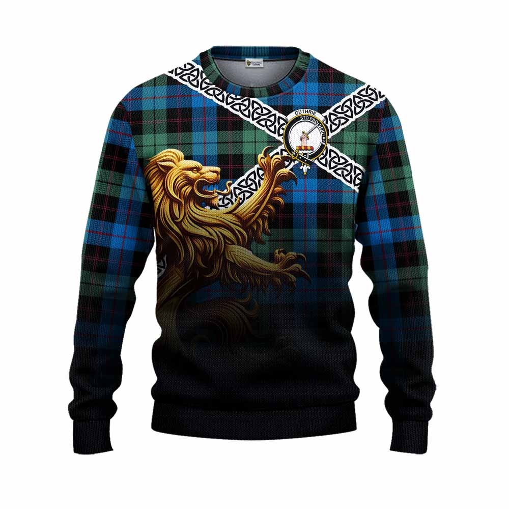 Tartan Vibes Clothing Guthrie Crest Tartan Knitted Sweater with Golden Lion Emblem Celtic Style