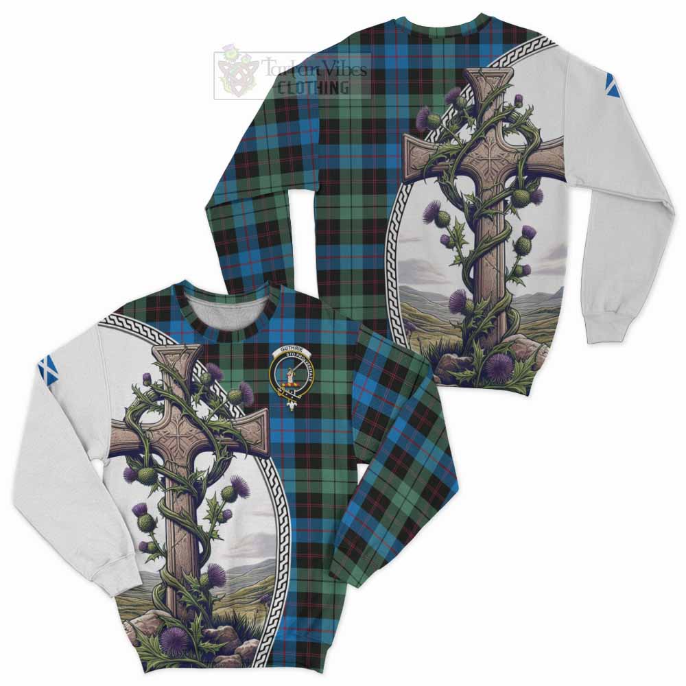 Guthrie Tartan Sweatshirt with Family Crest and St. Andrew's Cross Accented by Thistle Vines Unisex - Tartan Vibes Clothing