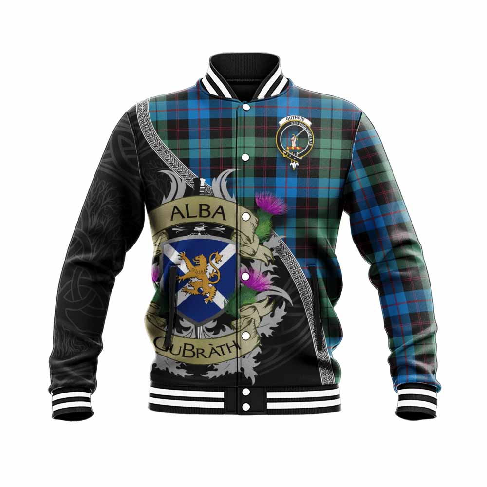 Guthrie Tartan Family Crest Baseball Jacket Lion Rampant Royal Thistle Shield Celtic Inspired Unisex - Tartan Vibes Clothing