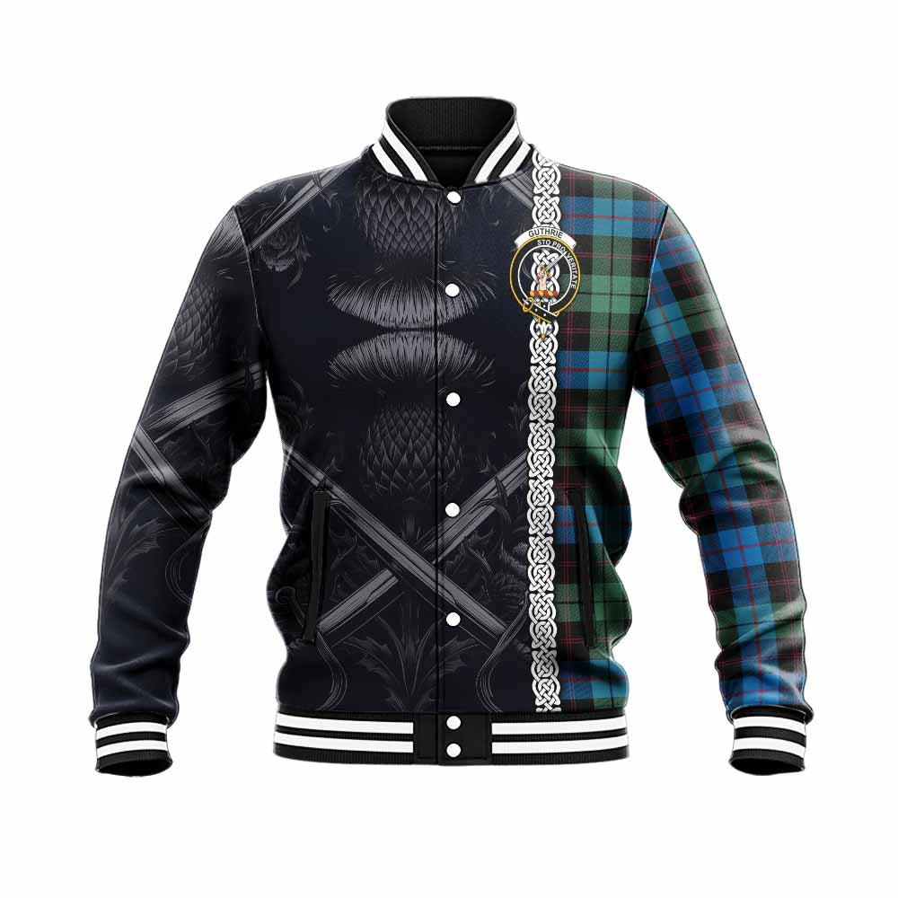 Guthrie Tartan Baseball Jacket with Family Crest Cross Sword Thistle Celtic Vibes Unisex - Tartan Vibes Clothing