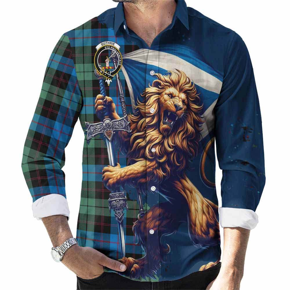 Guthrie Tartan Family Crest Long Sleeve Button Shirt with Scottish Majestic Lion Men's Shirt S - Tartan Vibes Clothing