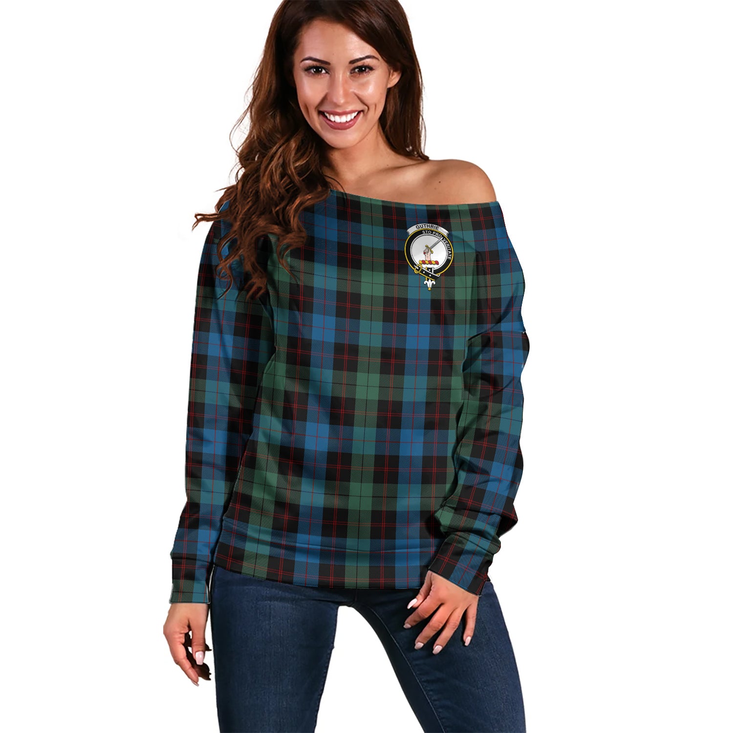 Guthrie Tartan Off Shoulder Women Sweater with Family Crest Women - Tartan Vibes Clothing