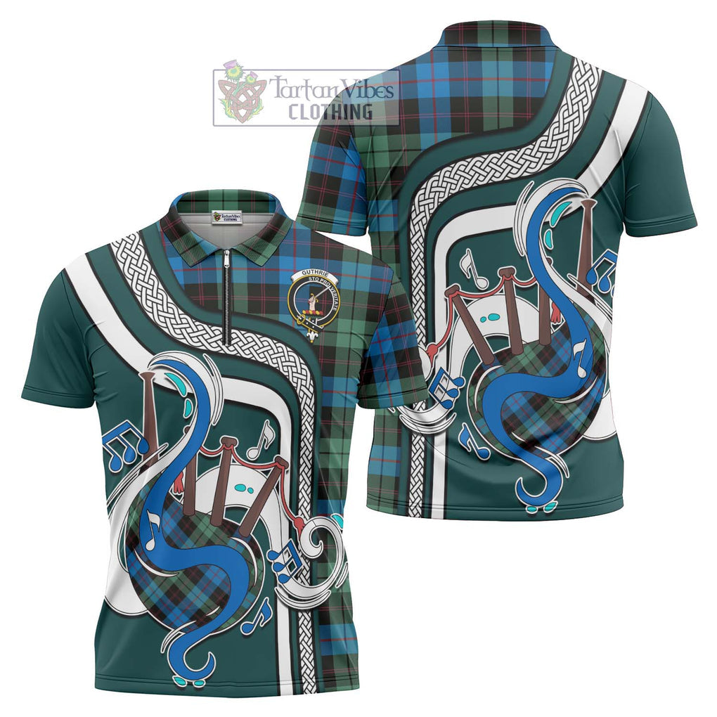 Guthrie Tartan Zipper Polo Shirt with Epic Bagpipe Style Unisex - Tartanvibesclothing Shop