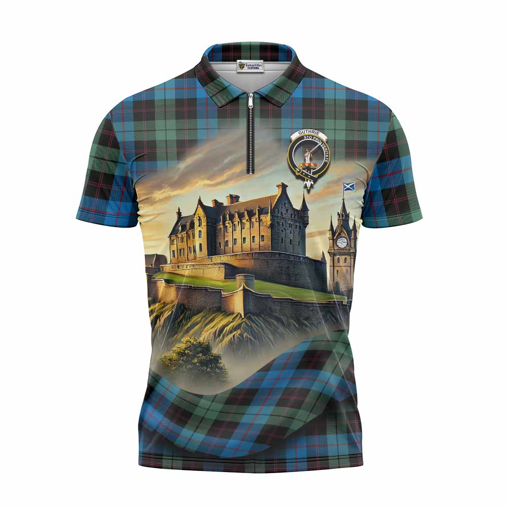 Guthrie Tartan Family Crest Zipper Polo Shirt with Scottish Ancient Castle Style Unisex - Tartan Vibes Clothing
