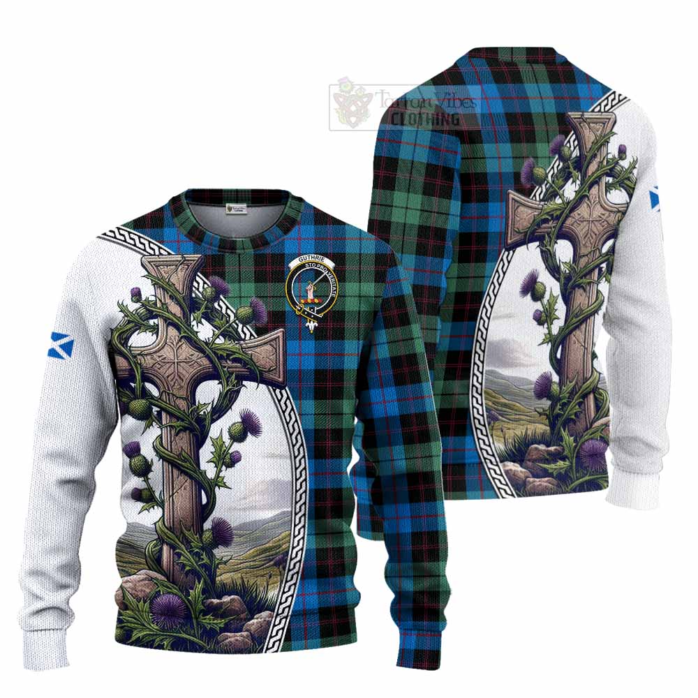 Guthrie Tartan Knitted Sweater with Family Crest and St. Andrew's Cross Accented by Thistle Vines Unisex - Tartan Vibes Clothing