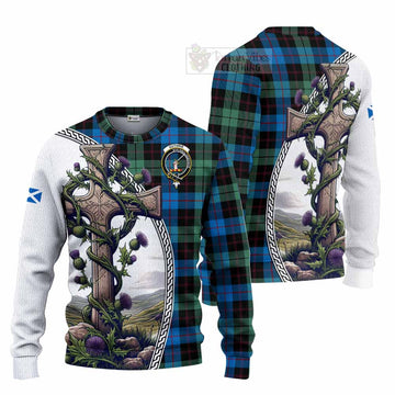 Guthrie Tartan Knitted Sweater with Family Crest and St. Andrew's Cross Accented by Thistle Vines Unisex - Tartan Vibes Clothing