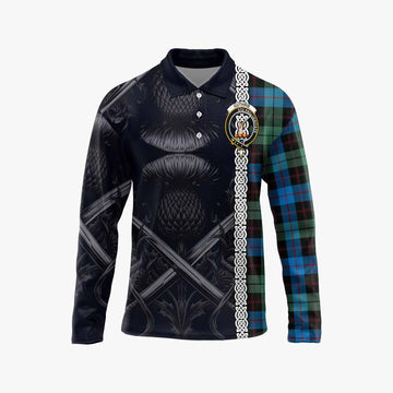 Guthrie Tartan Long Sleeve Polo Shirt with Family Crest Cross Sword Thistle Celtic Vibes Unisex - Tartan Vibes Clothing