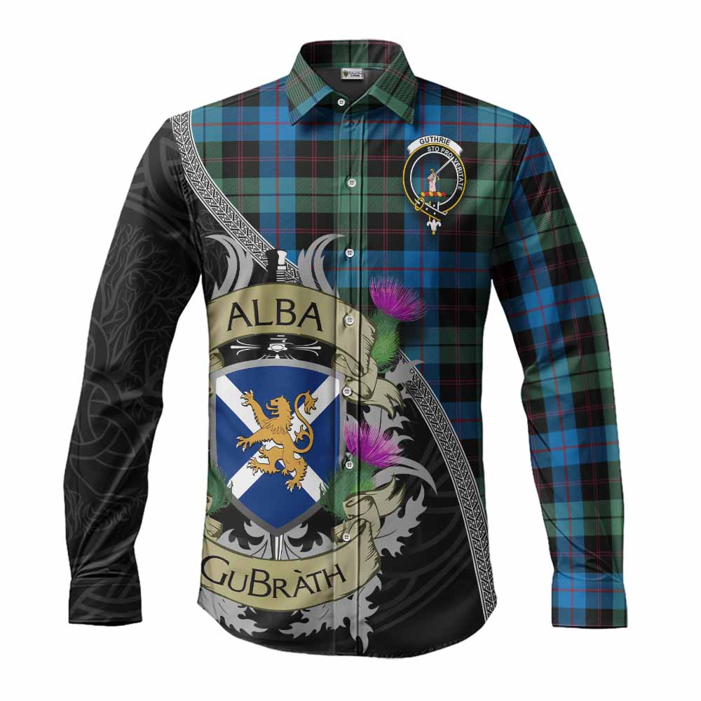 Guthrie Tartan Family Crest Long Sleeve Button Shirt Lion Rampant Royal Thistle Shield Celtic Inspired Men's Shirt S - Tartan Vibes Clothing
