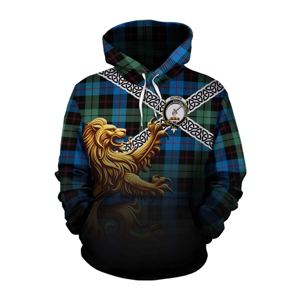 Tartan Vibes Clothing Guthrie Crest Tartan Cotton Hoodie with Golden Lion Emblem Celtic Style