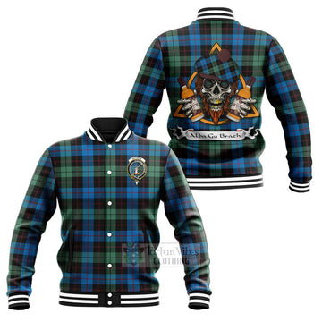 Guthrie Tartan Baseball Jacket with Family Crest and Bearded Skull Holding Bottles of Whiskey Unisex - Tartan Vibes Clothing