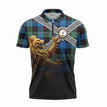 Guthrie Crest Tartan Zipper Polo Shirt with Golden Lion Emblem Celtic Style Unisex - Tartan Vibes Clothing