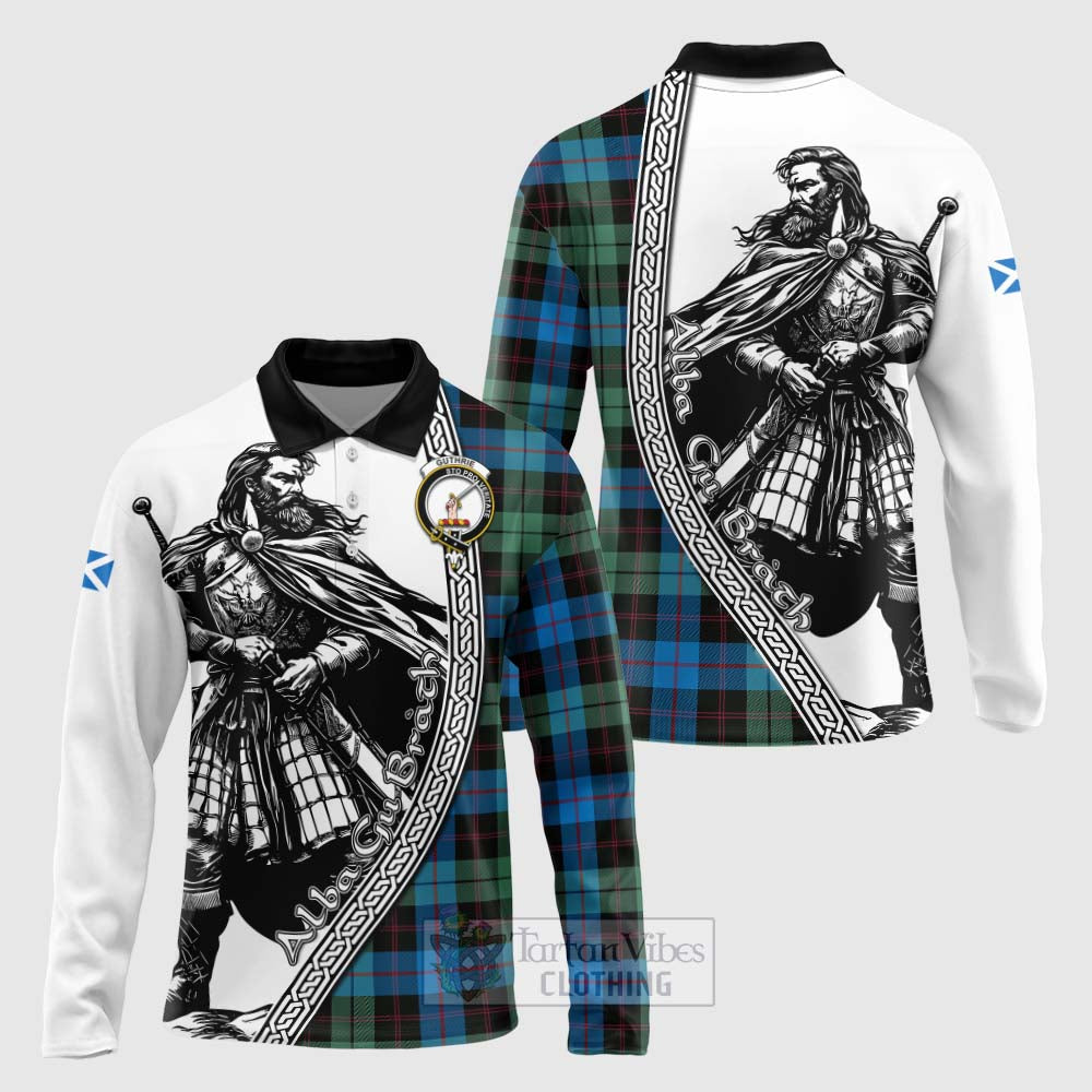 Guthrie Tartan Clan Crest Long Sleeve Polo Shirt with Highlander Warrior Celtic Style Unisex - Tartan Vibes Clothing