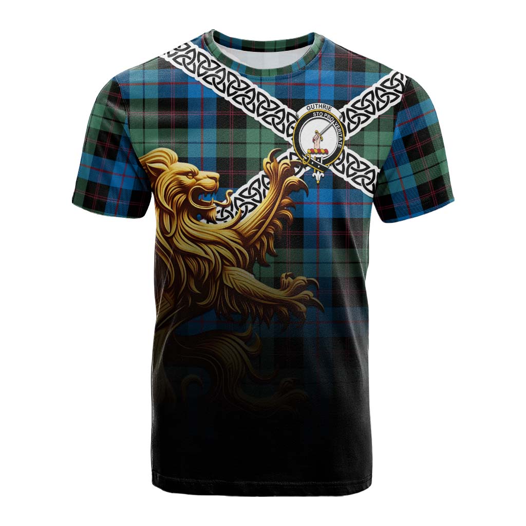Tartan Vibes Clothing Guthrie Crest Tartan Cotton T-shirt with Golden Lion Emblem Celtic Style