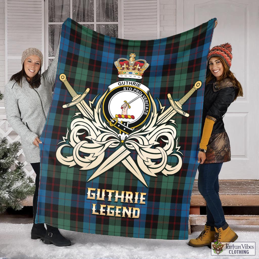 Guthrie Tartan Blanket with Clan Crest and the Golden Sword of Courageous Legacy X-Large 59 x 79 inches 150 x 200 cm - Tartan Vibes Clothing