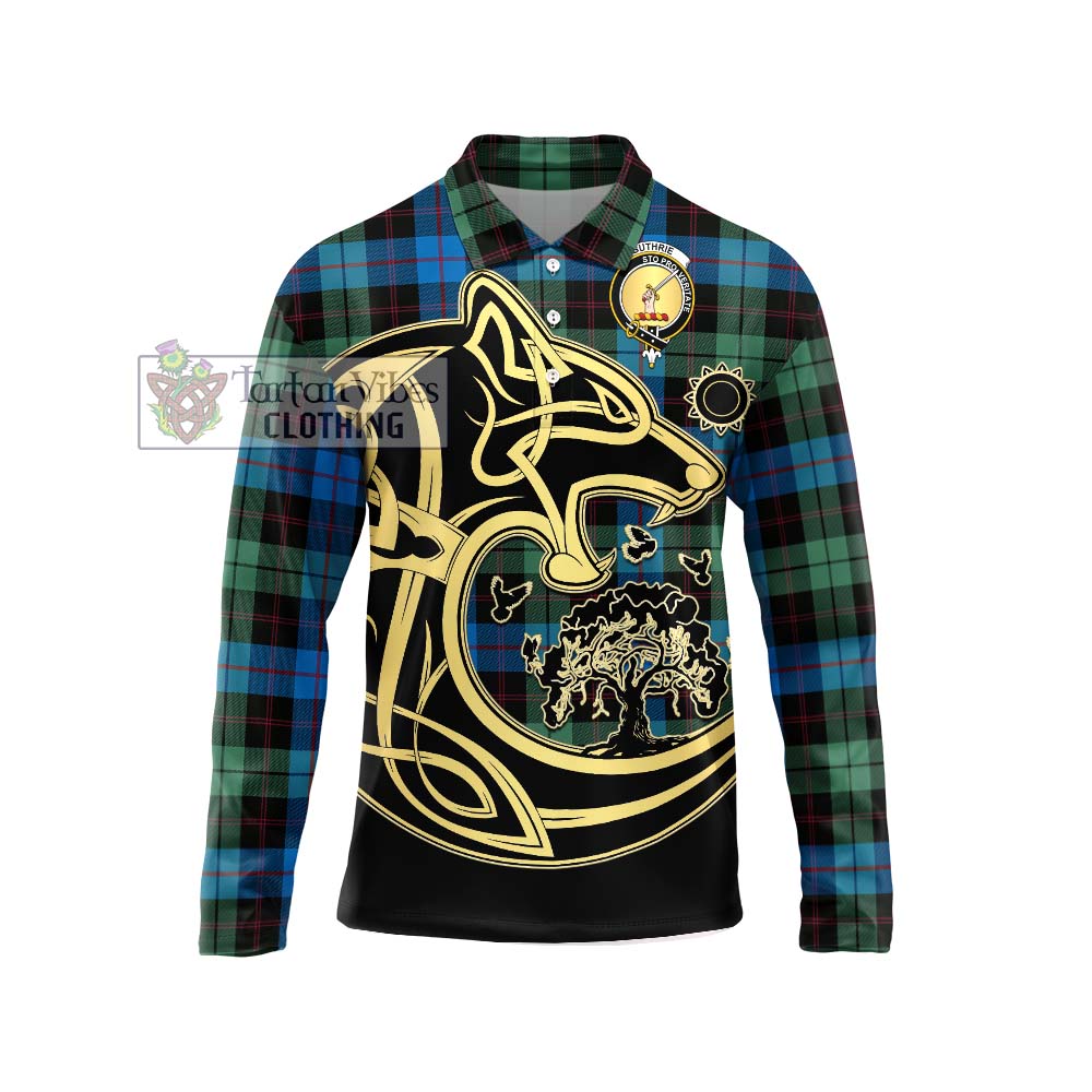 Guthrie Tartan Long Sleeve Polo Shirt with Family Crest Celtic Wolf Style Unisex - Tartan Vibes Clothing