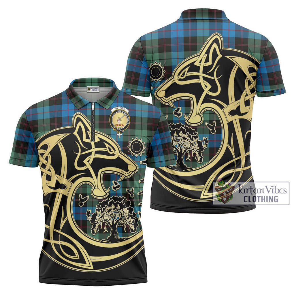 Guthrie Tartan Zipper Polo Shirt with Family Crest Celtic Wolf Style Unisex - Tartanvibesclothing Shop