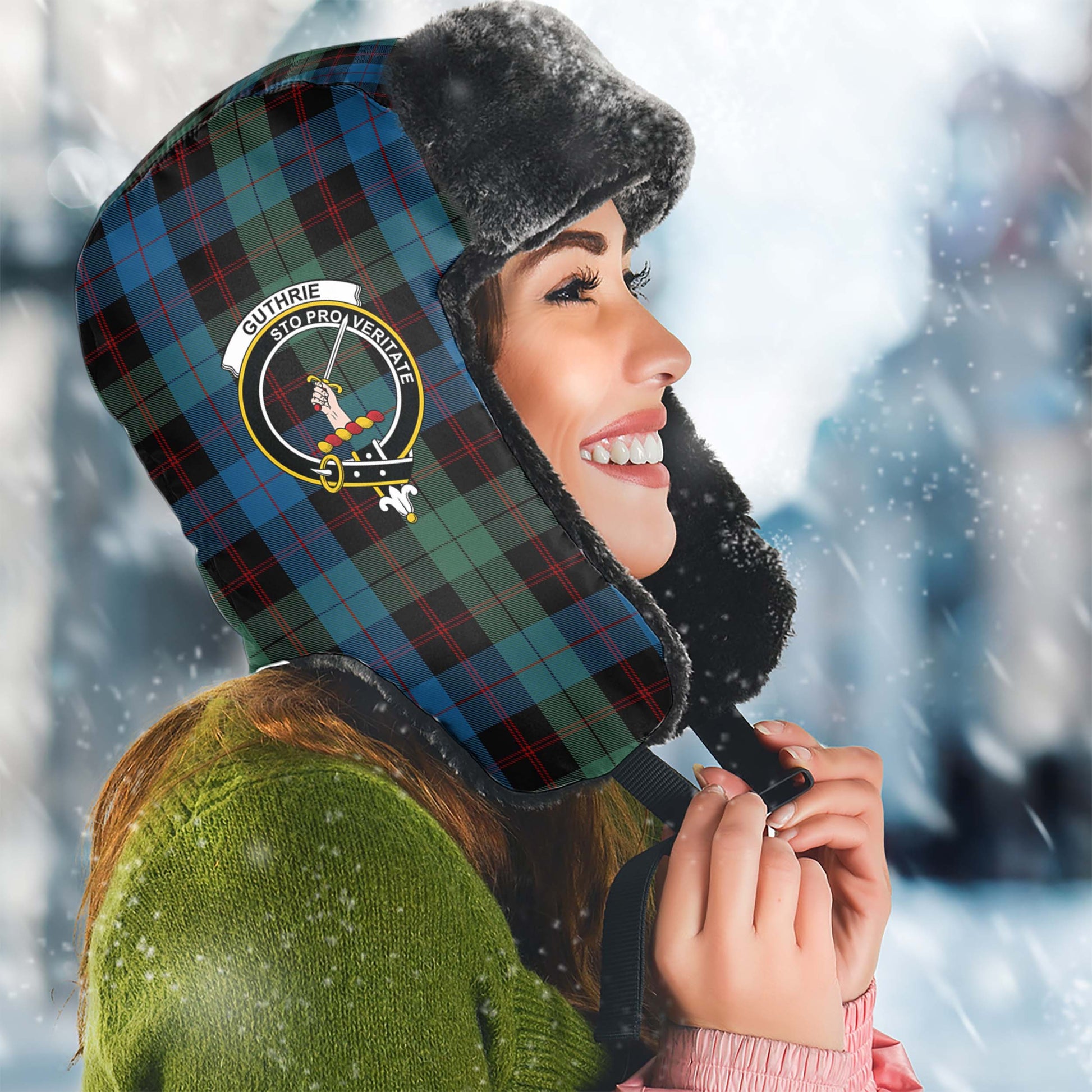 Guthrie Tartan Winter Trapper Hat with Family Crest Winter Trapper Hat Universal Fit Circumference 22.8in (58cm) - Tartan Vibes Clothing