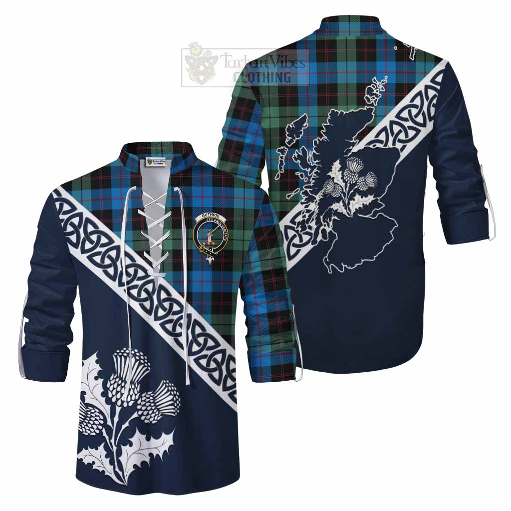Guthrie Tartan Ghillie Kilt Shirt Featuring Thistle and Scotland Map Men - Tartan Vibes Clothing